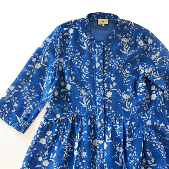 Tuckernuck Dress Womens Large Blue Floral Toile Long Slv Shift - Picture 3 of 14